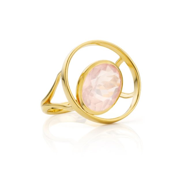 Audrey Huet Joaillerie : Ring ONE 18 carats yellow gold rose quartz natural stone symbol of audacity and elegance MADE in Belgium for women of character